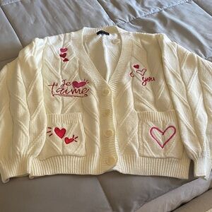 Vici Cream Cardigan with Pink Heart Embroidery